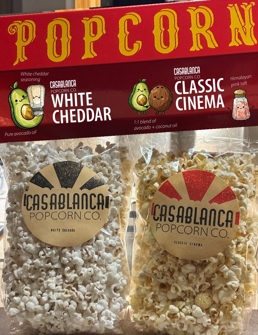 Real bags of Casablanca Popcorn in White Cheddar and Classic Cinema flavours at the market booth