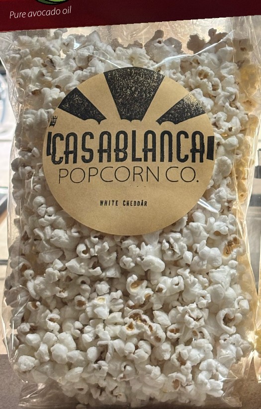 A real bag of Casablanca Popcorn White Cheddar